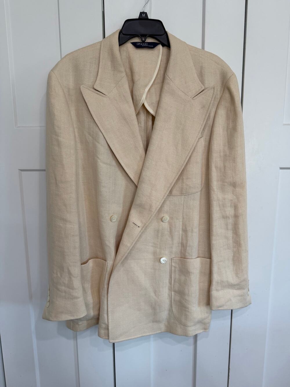 Vintage Polo Ralph Lauren Cream Double Breasted Blazer M Herringbone Sport Coat